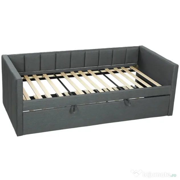 HOMCOM Cadru Pat Simplu 90x190 cm, Canapea cu Al Doilea Pat Extensibil, Tetieră Căptușită, Cotiere, Lamele din Lemn de Plop, pentru Cameră Living Oaspeți, Fără Saltea, Gri Închis | Aosom Romania