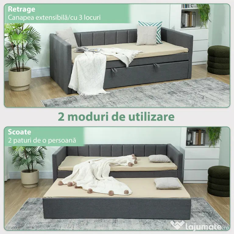 HOMCOM Cadru Pat Simplu 90x190 cm, Canapea cu Al Doilea Pat Extensibil, Tetieră Căptușită, Cotiere, Lamele din Lemn de Plop, pentru Cameră Living Oaspeți, Fără Saltea, Gri Închis | Aosom Romania