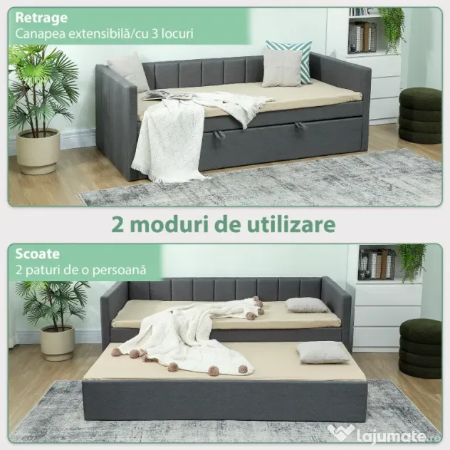 HOMCOM Cadru Pat Simplu 90x190 cm, Canapea cu Al Doilea Pat Extensibil, Tetieră Căptușită, Cotiere, Lamele din Lemn de Plop, pentru Cameră Living Oaspeți, Fără Saltea, Gri Închis | Aosom Romania