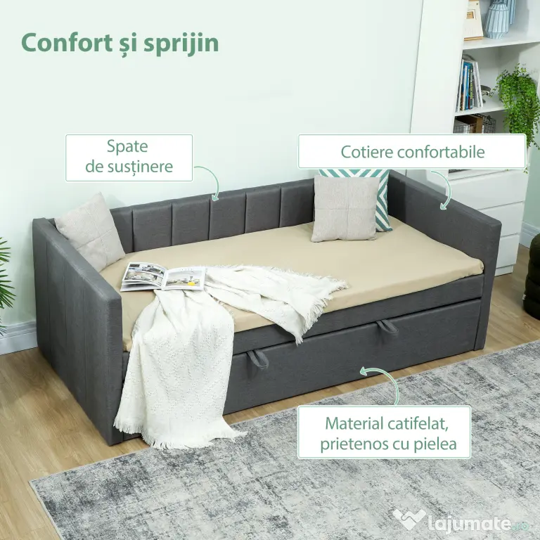 HOMCOM Cadru Pat Simplu 90x190 cm, Canapea cu Al Doilea Pat Extensibil, Tetieră Căptușită, Cotiere, Lamele din Lemn de Plop, pentru Cameră Living Oaspeți, Fără Saltea, Gri Închis | Aosom Romania