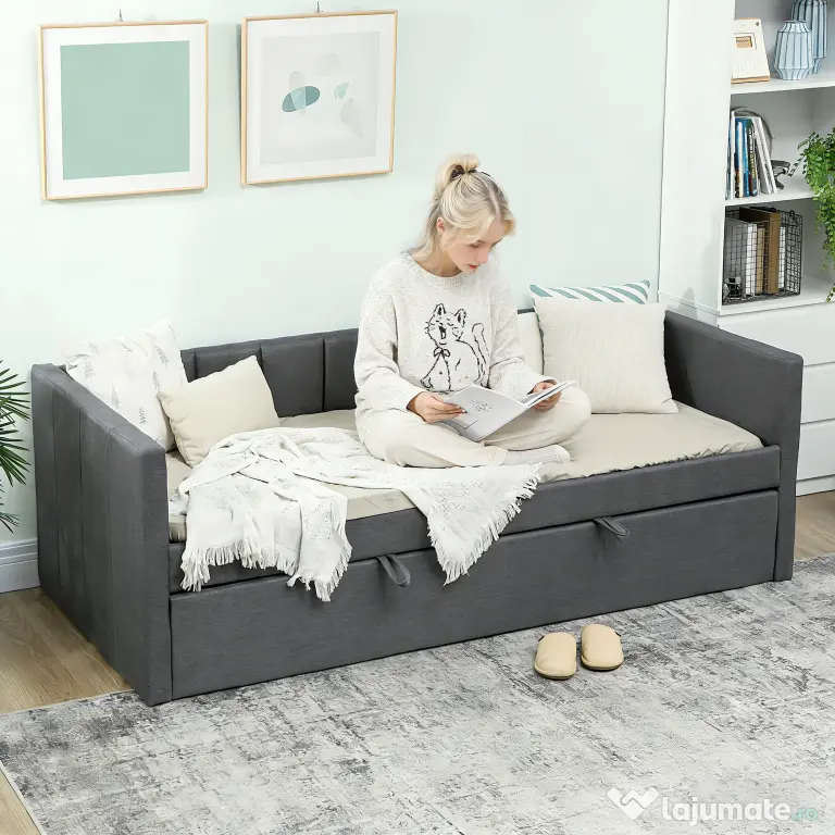 HOMCOM Cadru Pat Simplu 90x190 cm, Canapea cu Al Doilea Pat Extensibil, Tetieră Căptușită, Cotiere, Lamele din Lemn de Plop, pentru Cameră Living Oaspeți, Fără Saltea, Gri Închis | Aosom Romania