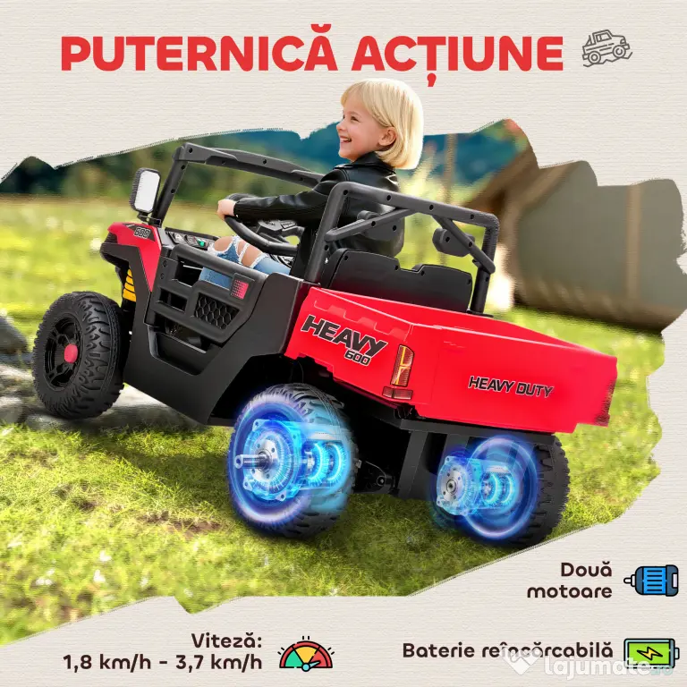 AIYAPLAY Mașină Electrică pentru Copii UTV 12V Off-road cu Portbagaj, 2 Motoare, Centură în 3 Puncte, Telecomandă, Suspensii, USB, Muzică, Lumini, 1.8-3.7 km/h, 3-8 Ani, Roșu | Aosom Romania