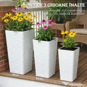 Outsunny Set de 3 Ghivece de Exterior Suprapozabile cu Model Ondulat, Ghivece Pătrate din Plastic pentru Flori cu Orificii de Drenaj, 42/55/65 cm, Alb, Negru, Maro | Aosom Romania