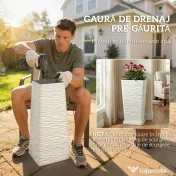 Outsunny Set de 3 Ghivece de Exterior Suprapozabile cu Model Ondulat, Ghivece Pătrate din Plastic pentru Flori cu Orificii de Drenaj, 42/55/65 cm, Alb, Negru, Maro | Aosom Romania 
