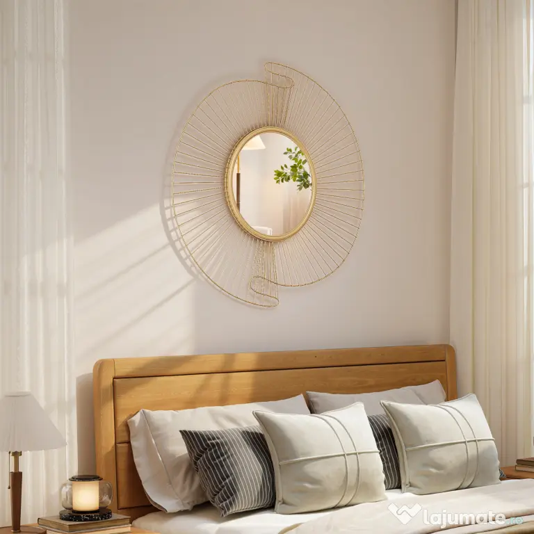 HOMCOM Decorațiune de Perete Oglindă Rotundă, Oglindă Modernă cu Benzi din Metal și Design Plisat, Artă Decorativă pentru Living, Dormitor și Intrare, 60x60 cm, Auriu