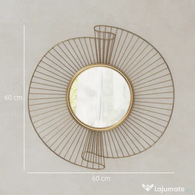HOMCOM Decorațiune de Perete Oglindă Rotundă, Oglindă Modernă cu Benzi din Metal și Design Plisat, Artă Decorativă pentru Living, Dormitor și Intrare, 60x60 cm, Auriu