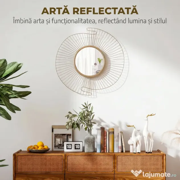 HOMCOM Decorațiune de Perete Oglindă Rotundă, Oglindă Modernă cu Benzi din Metal și Design Plisat, Artă Decorativă pentru Living, Dormitor și Intrare, 60x60 cm, Auriu