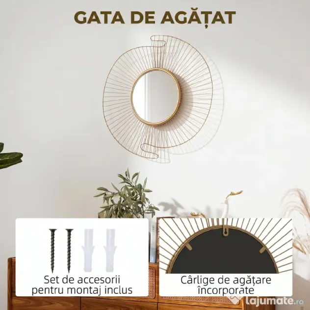 HOMCOM Decorațiune de Perete Oglindă Rotundă, Oglindă Modernă cu Benzi din Metal și Design Plisat, Artă Decorativă pentru Living, Dormitor și Intrare, 60x60 cm, Auriu