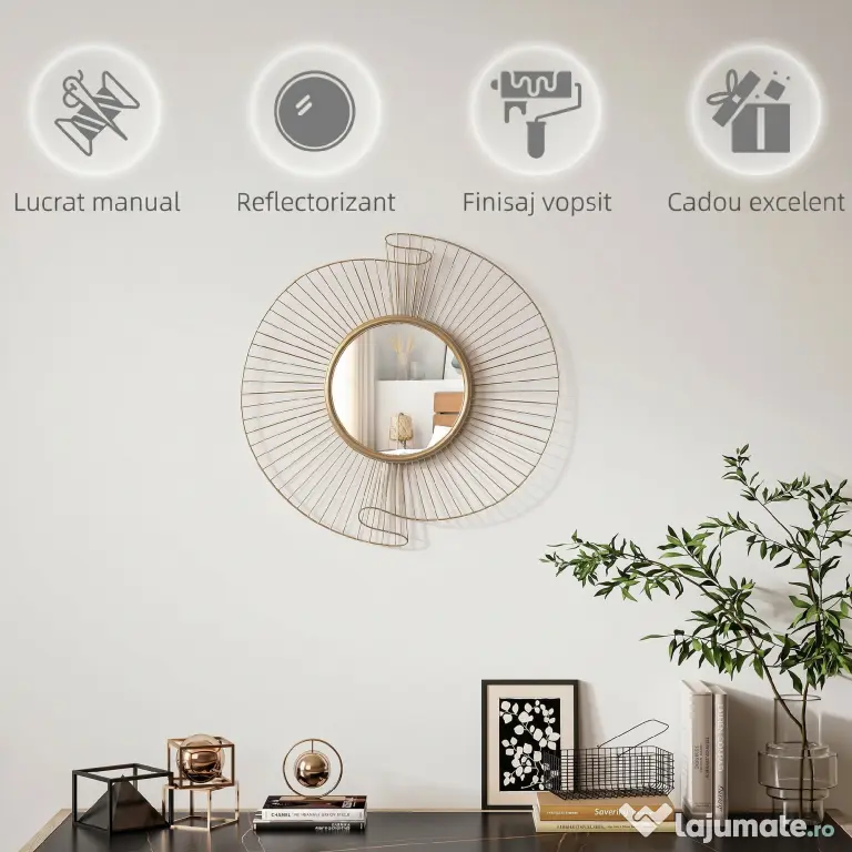 HOMCOM Decorațiune de Perete Oglindă Rotundă, Oglindă Modernă cu Benzi din Metal și Design Plisat, Artă Decorativă pentru Living, Dormitor și Intrare, 60x60 cm, Auriu