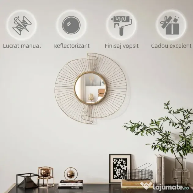 HOMCOM Decorațiune de Perete Oglindă Rotundă, Oglindă Modernă cu Benzi din Metal și Design Plisat, Artă Decorativă pentru Living, Dormitor și Intrare, 60x60 cm, Auriu