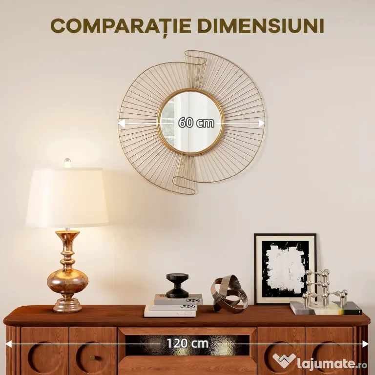 HOMCOM Decorațiune de Perete Oglindă Rotundă, Oglindă Modernă cu Benzi din Metal și Design Plisat, Artă Decorativă pentru Living, Dormitor și Intrare, 60x60 cm, Auriu