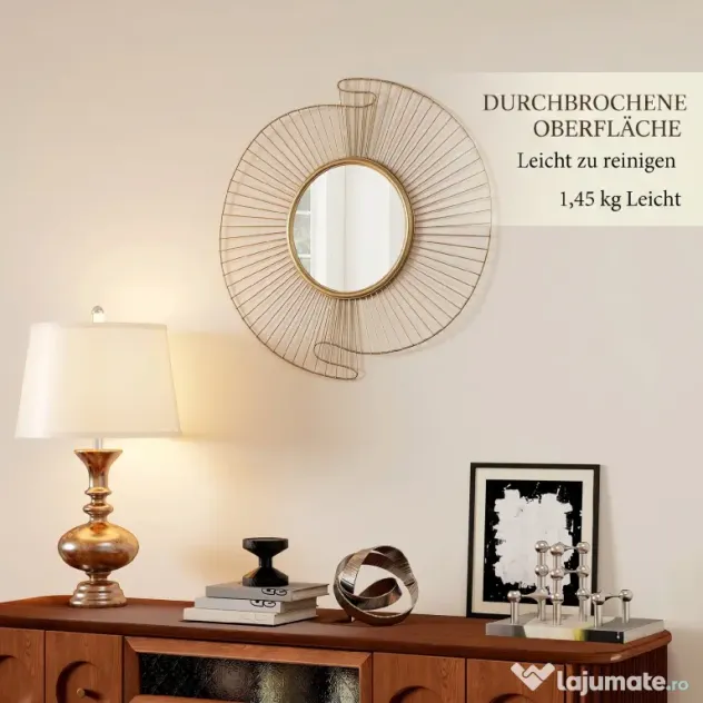 HOMCOM Decorațiune de Perete Oglindă Rotundă, Oglindă Modernă cu Benzi din Metal și Design Plisat, Artă Decorativă pentru Living, Dormitor și Intrare, 60x60 cm, Auriu