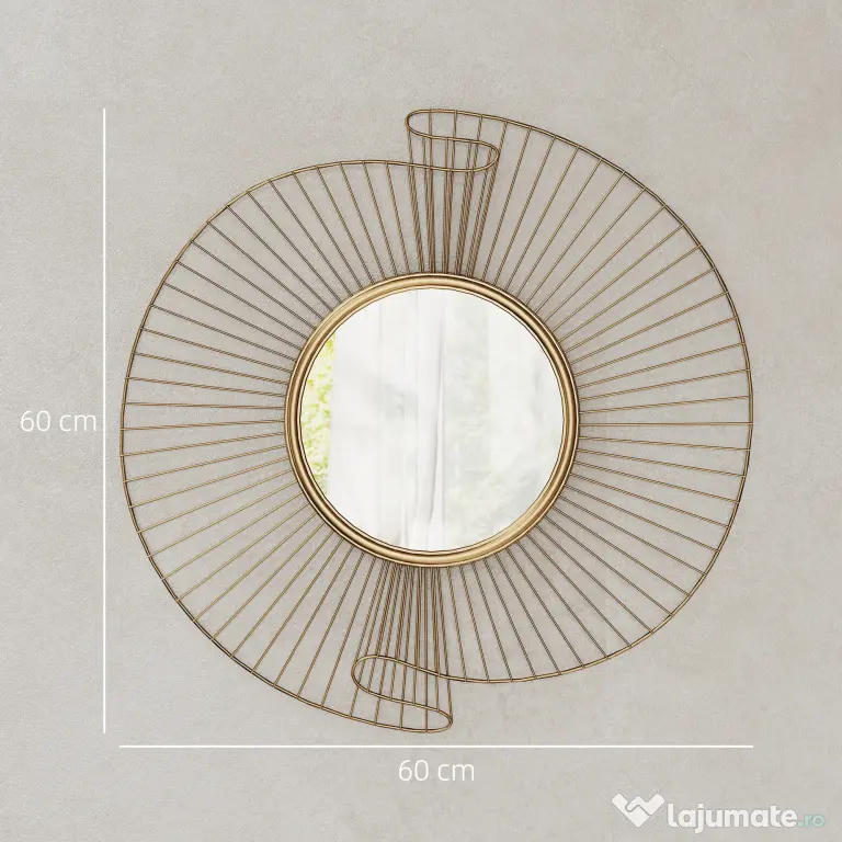 HOMCOM Oglindă Decorativă de Perete Rotundă, Design Modern cu Benzi Metalice și Ramă Plisată, Pentru Sufragerie, Dormitor și Hol, 60x60 cm, Auriu | Aosom Romania