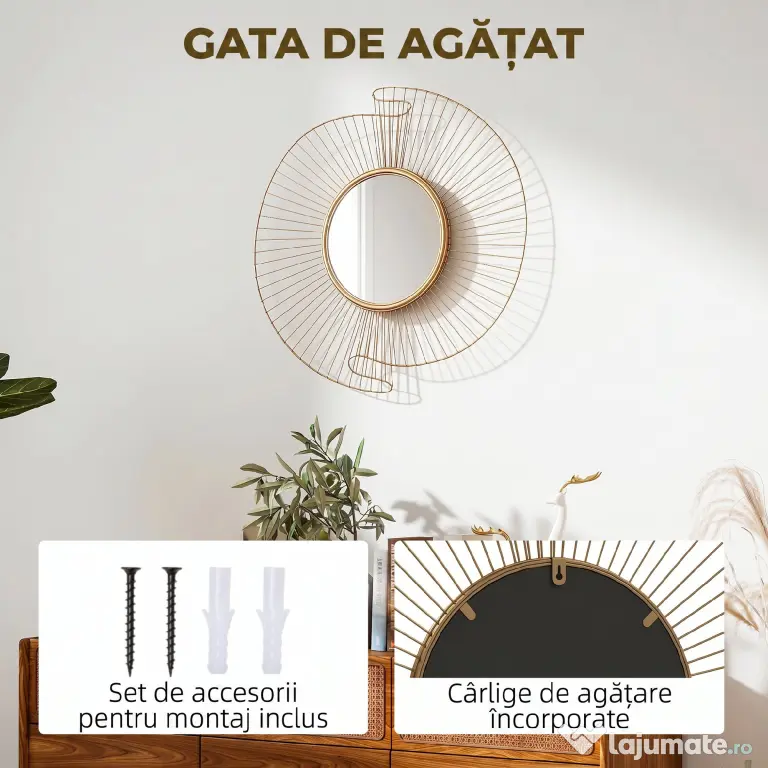 HOMCOM Oglindă Decorativă de Perete Rotundă, Design Modern cu Benzi Metalice și Ramă Plisată, Pentru Sufragerie, Dormitor și Hol, 60x60 cm, Auriu | Aosom Romania