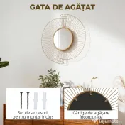 HOMCOM Oglindă Decorativă de Perete Rotundă, Design Modern cu Benzi Metalice și Ramă Plisată, Pentru Sufragerie, Dormitor și Hol, 60x60 cm, Auriu | Aosom Romania 