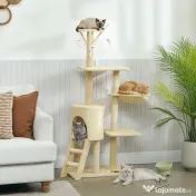 PawHut Turelă pentru pisici cu căsuță, stâlp de ascuțit gheare, platforme și 4 șoricei, din lemn, pluș și sisal, 50x35x134.2 cm, gri | Aosom Romania 