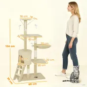 PawHut Turelă pentru pisici cu căsuță, stâlp de ascuțit gheare, platforme și 4 șoricei, din lemn, pluș și sisal, 50x35x134.2 cm, gri | Aosom Romania 