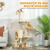 PawHut Turelă pentru pisici cu căsuță, stâlp de ascuțit gheare, platforme și 4 șoricei, din lemn, pluș și sisal, 50x35x134.2 cm, gri | Aosom Romania 