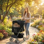 PawHut Cărucior pentru Câini Până la 10 kg, Cărucior Pliabil pentru Animale, 77x44x102 cm, Negru | Aosom Romania 