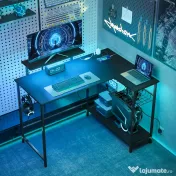 HOMCOM Birou Gaming Reversibil în L cu LED, 114,5x82 cm Birou Colțar cu Prize Electrice, Suport pentru Monitor și Rafturi Reglabile din Rețea, Stație Gaming pentru Acasă, Birou sau Studiu, Negru | Aosom Romania