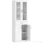 HOMCOM Bufet de Bucătărie cu 2 Dulapuri și un Sertar, Rafturi Reglabile și Uși din Sticlă, 60x35x180 cm, Alb