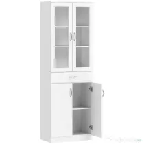 HOMCOM Bufet de Bucătărie cu 2 Dulapuri și un Sertar, Rafturi Reglabile și Uși din Sticlă, 60x35x180 cm, Alb