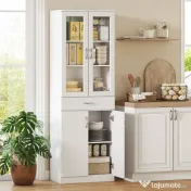 HOMCOM Dulap de Bucătărie Înalt 180 cm cu Uși din Sticlă Soft-Close, Sertar și 2 Dulapuri, Polițe Reglabile, Alb | Aosom Romania 
