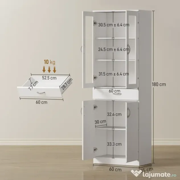 HOMCOM Dulap de Bucătărie Înalt 180 cm cu Uși din Sticlă Soft-Close, Sertar și 2 Dulapuri, Polițe Reglabile, Alb | Aosom Romania