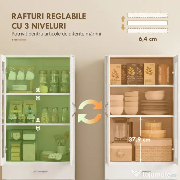 HOMCOM Dulap de Bucătărie Înalt 180 cm cu Uși din Sticlă Soft-Close, Sertar și 2 Dulapuri, Polițe Reglabile, Alb | Aosom Romania