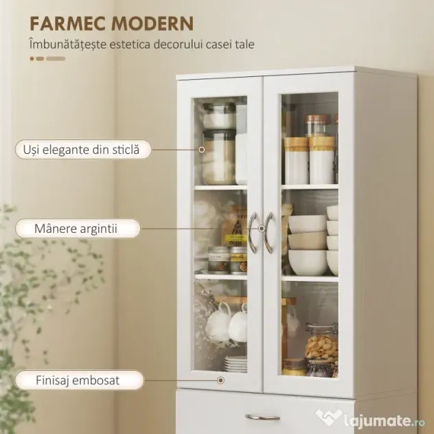 HOMCOM Dulap de Bucătărie Înalt 180 cm cu Uși din Sticlă Soft-Close, Sertar și 2 Dulapuri, Polițe Reglabile, Alb | Aosom Romania