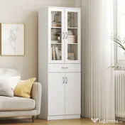 HOMCOM Dulap de Bucătărie Înalt 180 cm cu Uși din Sticlă Soft-Close, Sertar și 2 Dulapuri, Polițe Reglabile, Alb | Aosom Romania 