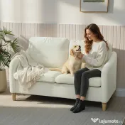 HOMCOM Divan 2 Locuri Imbottit în Sherpa cu Perne Detașabile, Picioare din Lemn de Eucalipt, Design Compact pentru Living, 137x69x82 cm, Crem | Aosom Romania 