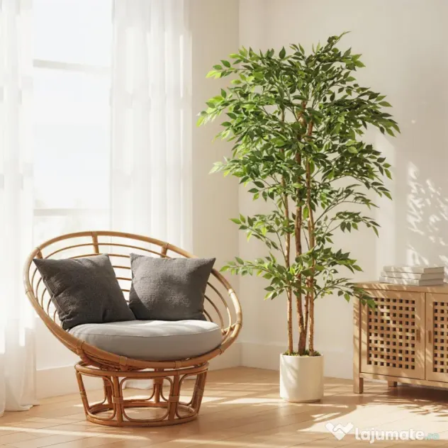 HOMCOM Plantă Artificială Ficus Banyan din Peva și Lemn, cu Ramuri Flexibile și Ghiveci din PP și Ciment, Verde