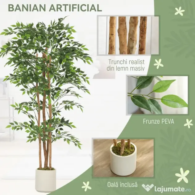 HOMCOM Plantă Artificială Ficus Banyan din Peva și Lemn, cu Ramuri Flexibile și Ghiveci din PP și Ciment, Verde
