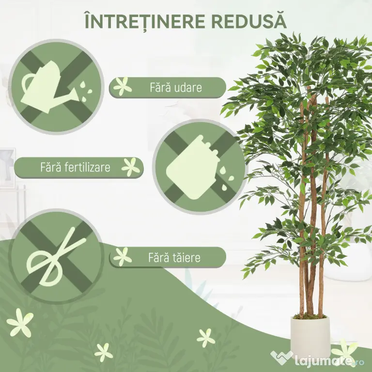 HOMCOM Plantă Artificială Ficus Banyan din Peva și Lemn, cu Ramuri Flexibile și Ghiveci din PP și Ciment, Verde