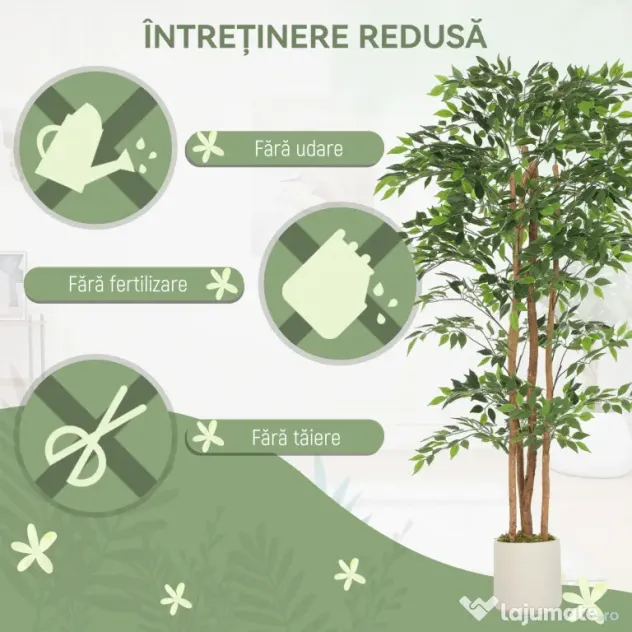 HOMCOM Plantă Artificială Ficus Banyan din Peva și Lemn, cu Ramuri Flexibile și Ghiveci din PP și Ciment, Verde