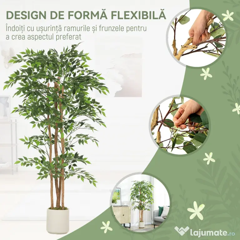 HOMCOM Plantă Artificială Ficus Banyan din Peva și Lemn, cu Ramuri Flexibile și Ghiveci din PP și Ciment, Verde
