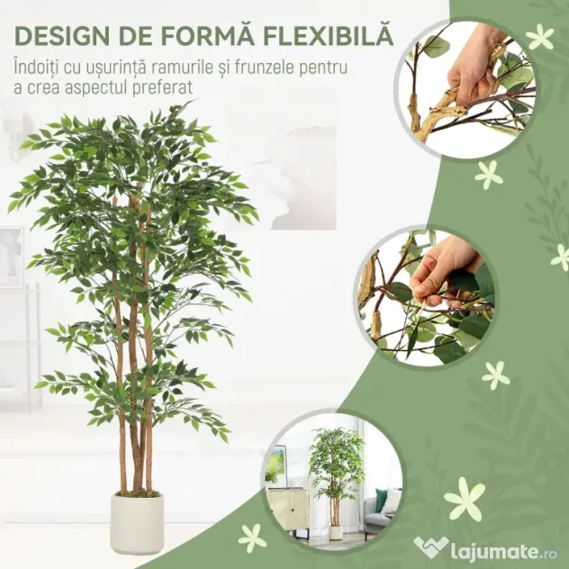 HOMCOM Plantă Artificială Ficus Banyan din Peva și Lemn, cu Ramuri Flexibile și Ghiveci din PP și Ciment, Verde