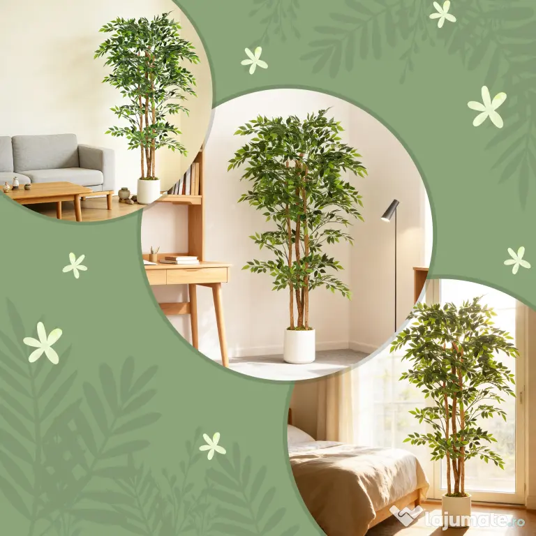 HOMCOM Plantă Artificială Ficus Banyan din Peva și Lemn, cu Ramuri Flexibile și Ghiveci din PP și Ciment, Verde