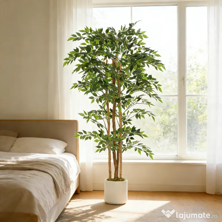 HOMCOM Plantă Artificială Ficus Banyan din Peva și Lemn, cu Ramuri Flexibile și Ghiveci din PP și Ciment, Verde