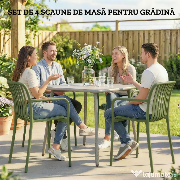 Outsunny Set 4 Scaune de Grădină Stivuibile din Plastic Anti-UV, Scaune pentru Prânz în Exterior cu Spătar Ergonomic cu Lamele și Mânere, pentru Terasă Balcon Grădină Exterior Interior, 55x58,5x81,5 cm, Verde | Aosom Romania