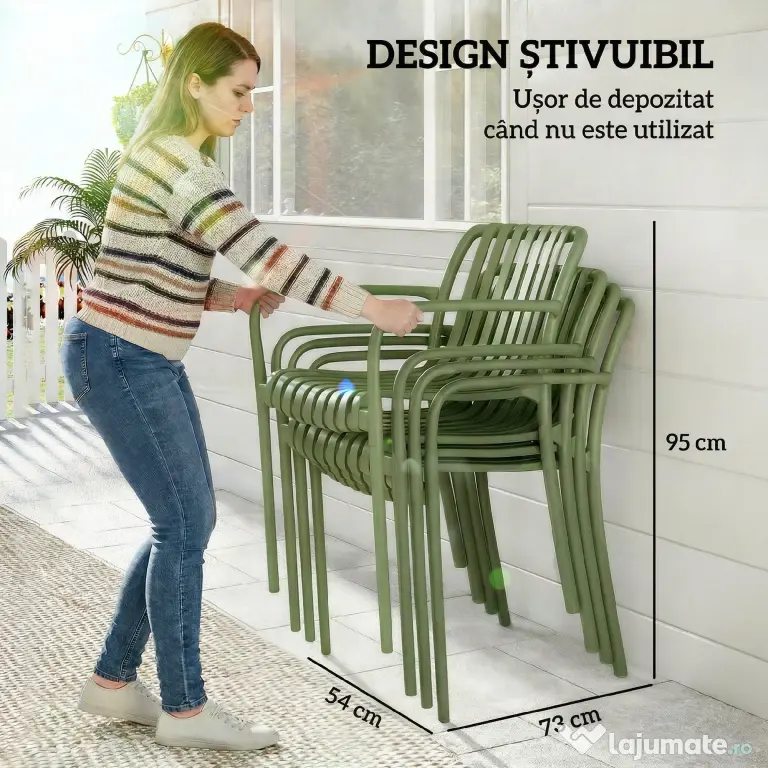 Outsunny Set 4 Scaune de Grădină Stivuibile din Plastic Anti-UV, Scaune pentru Prânz în Exterior cu Spătar Ergonomic cu Lamele și Mânere, pentru Terasă Balcon Grădină Exterior Interior, 55x58,5x81,5 cm, Verde | Aosom Romania