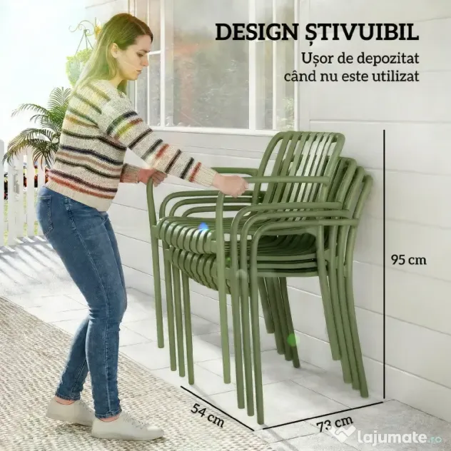 Outsunny Set 4 Scaune de Grădină Stivuibile din Plastic Anti-UV, Scaune pentru Prânz în Exterior cu Spătar Ergonomic cu Lamele și Mânere, pentru Terasă Balcon Grădină Exterior Interior, 55x58,5x81,5 cm, Verde | Aosom Romania