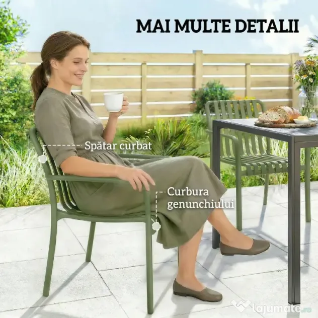 Outsunny Set 4 Scaune de Grădină Stivuibile din Plastic Anti-UV, Scaune pentru Prânz în Exterior cu Spătar Ergonomic cu Lamele și Mânere, pentru Terasă Balcon Grădină Exterior Interior, 55x58,5x81,5 cm, Verde | Aosom Romania