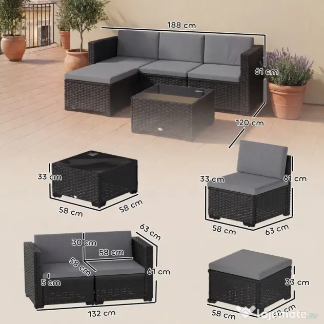 Outsunny Set Modular de Grădină din Rattan cu Perne, Canapea de Colț Gri, 5 Piese | Aosom Romania