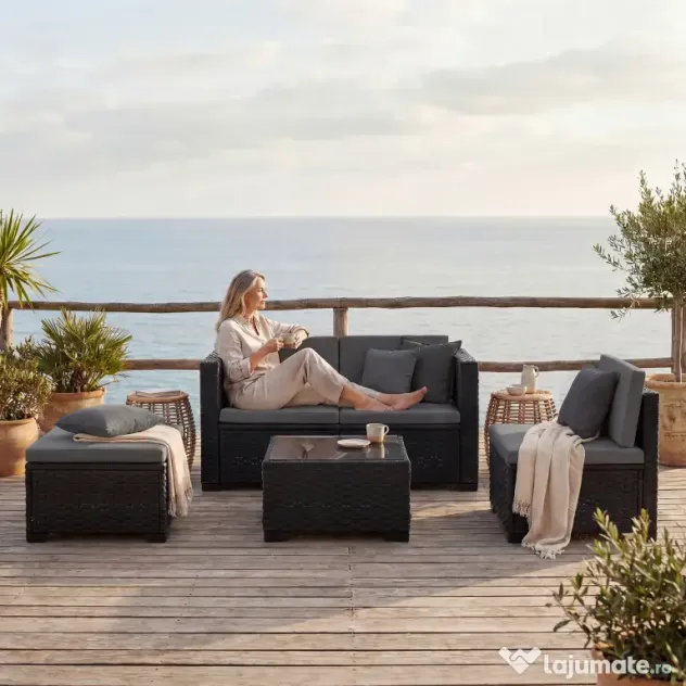 Outsunny Set Modular de Grădină din Rattan cu Perne, Canapea de Colț Gri, 5 Piese | Aosom Romania