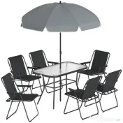 Outsunny Set Dining de Grădină 8 Piese cu Umbrelă, Mobilier de Exterior cu 6 Scaune Pliabile, Masă din Sticlă Temperată și Umbrelă pentru Terasă, Negru | Aosom Romania 