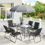 Outsunny Set Dining de Grădină 8 Piese cu Umbrelă, Mobilier de Exterior cu 6 Scaune Pliabile, Masă din Sticlă Temperată și Umbrelă pentru Terasă, Negru | Aosom Romania 