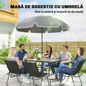 Outsunny Set Dining de Grădină 8 Piese cu Umbrelă, Mobilier de Exterior cu 6 Scaune Pliabile, Masă din Sticlă Temperată și Umbrelă pentru Terasă, Negru | Aosom Romania 