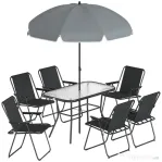 Outsunny Set Grădină 8 piese cu Umbrelă, 6 Scaune Pliabile și Masă din Sticlă Temperată, Negru